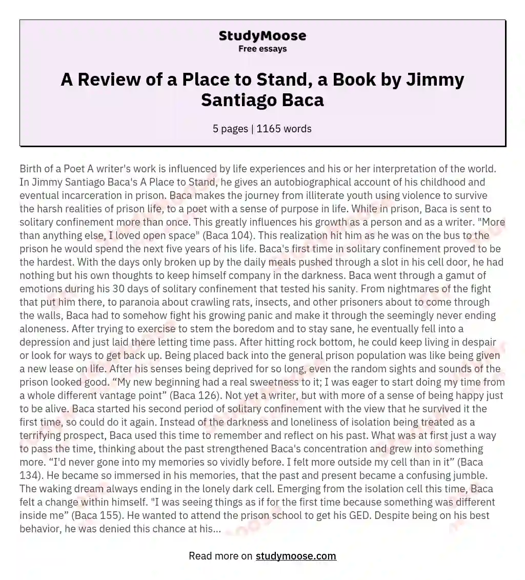 A Review of a Place to Stand, a Book by Jimmy Santiago Baca essay