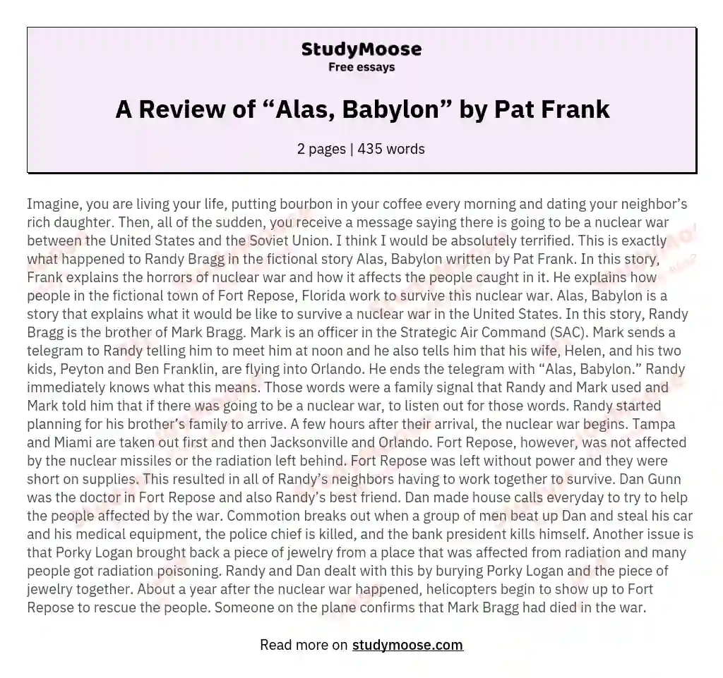 A Review of “Alas, Babylon” by Pat Frank essay