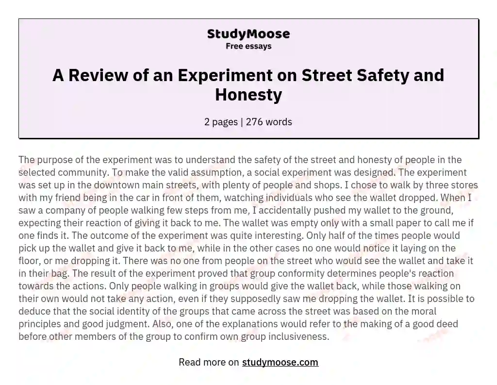 A Review of an Experiment on Street Safety and Honesty essay