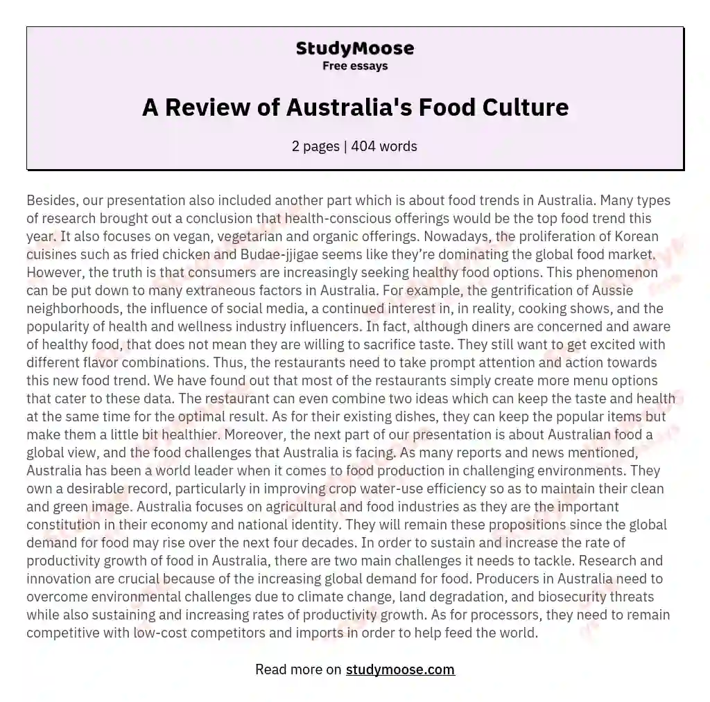 A Review of Australia's Food Culture essay
