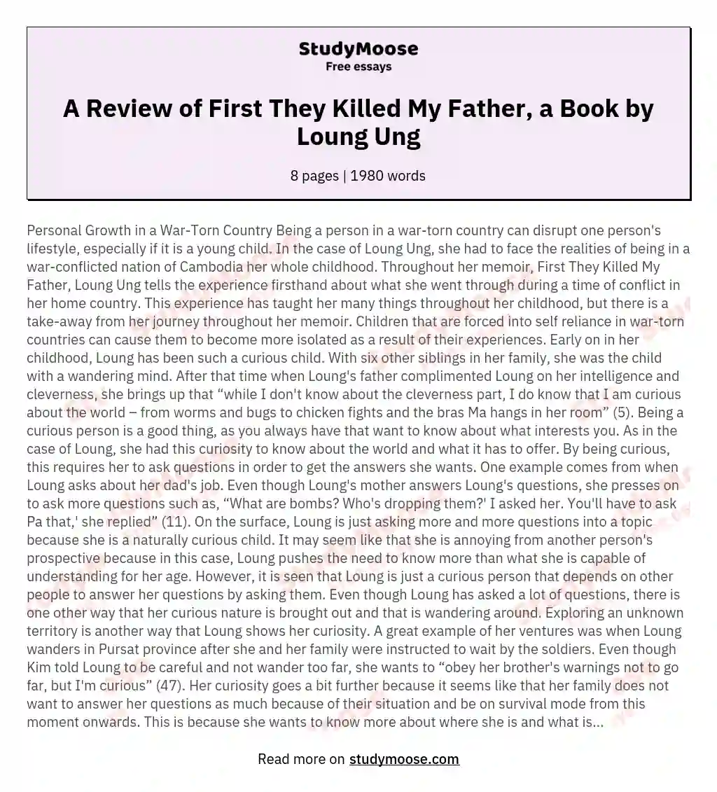 A Review of First They Killed My Father, a Book by Loung Ung essay
