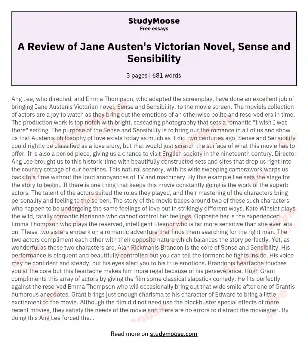 A Review of Jane Austen's Victorian Novel, Sense and Sensibility essay