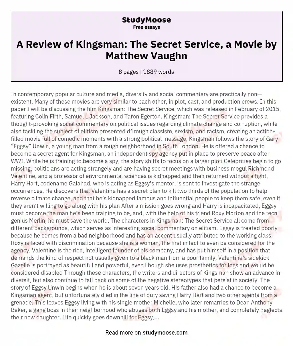 A Review of Kingsman: The Secret Service, a Movie by Matthew Vaughn essay