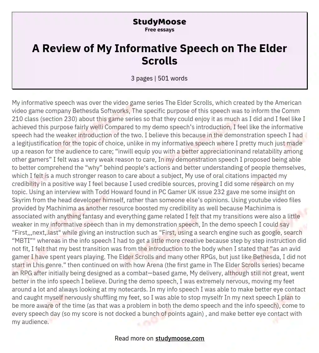 A Review of My Informative Speech on The Elder Scrolls essay
