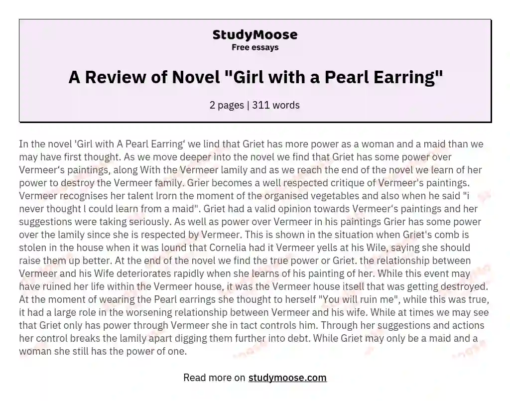 A Review of Novel "Girl with a Pearl Earring" essay