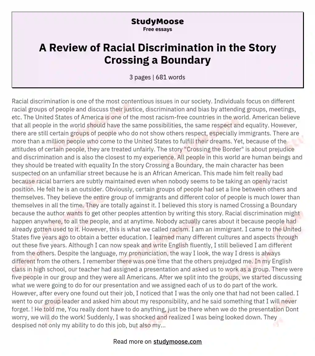 A Review of Racial Discrimination in the Story Crossing a Boundary essay