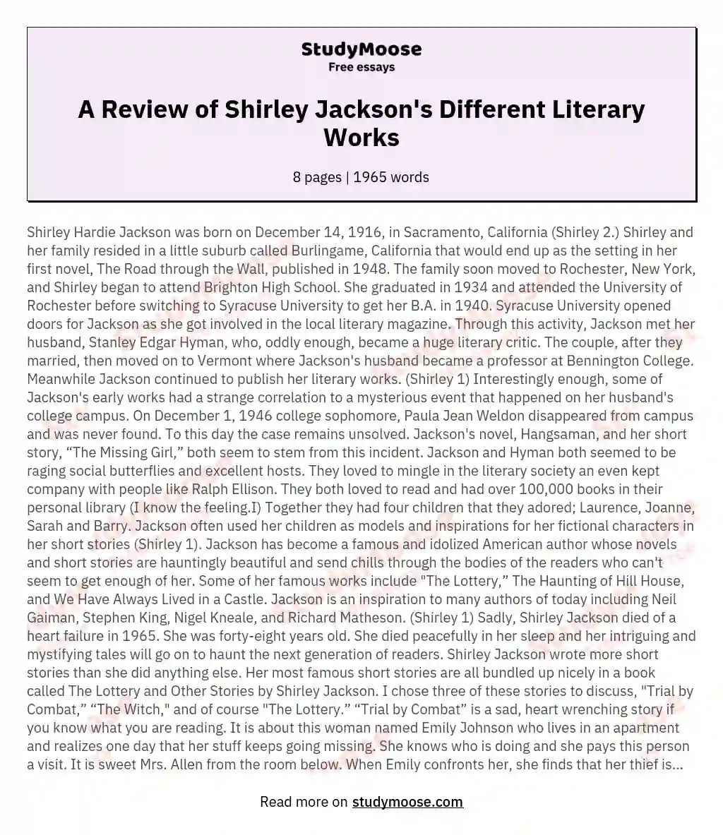 A Review of Shirley Jackson's Different Literary Works essay