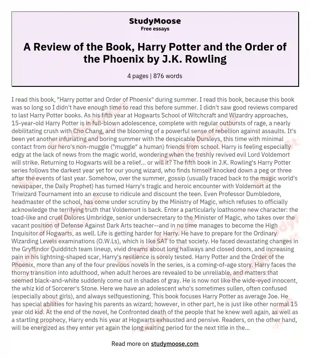 A Review of the Book, Harry Potter and the Order of the Phoenix by J.K. Rowling essay