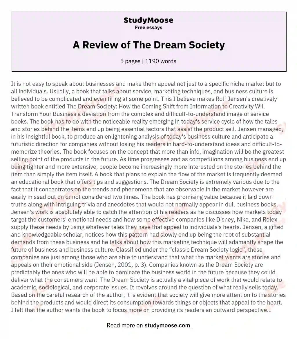A Review of The Dream Society essay