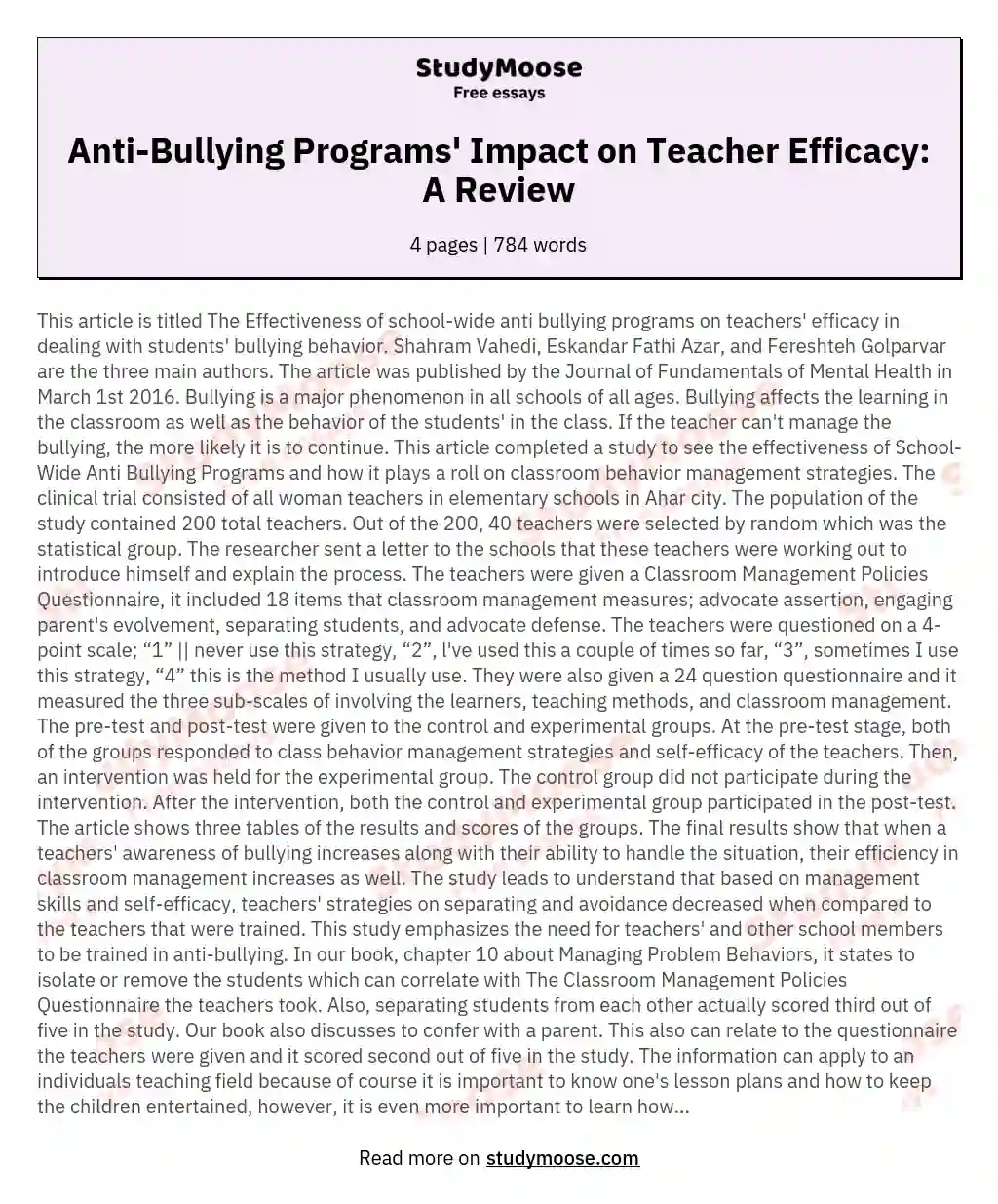 Anti-Bullying Programs' Impact on Teacher Efficacy: A Review essay