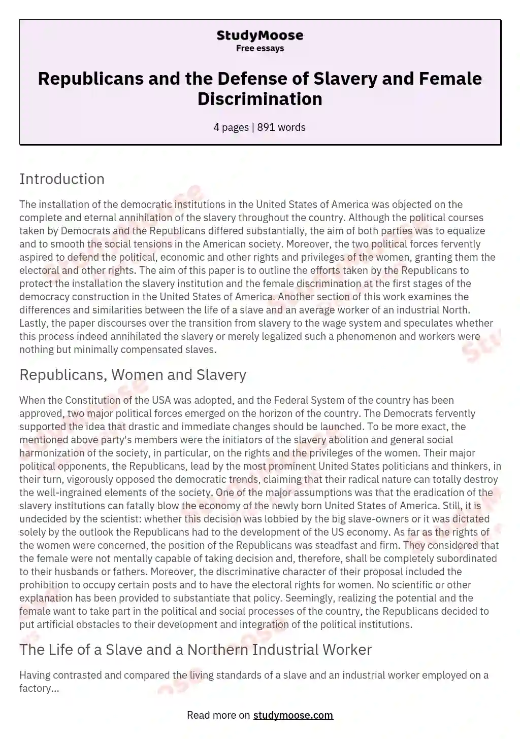 Republicans and the Defense of Slavery and Female Discrimination essay