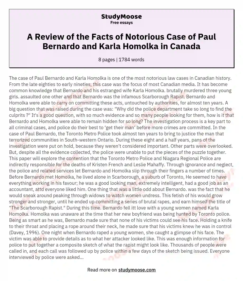 A Review of the Facts of Notorious Case of Paul Bernardo and Karla Homolka in Canada essay