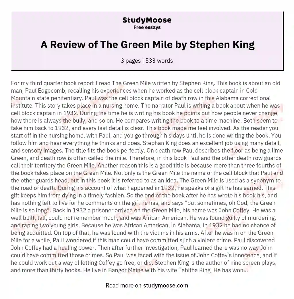 A Review of The Green Mile by Stephen King essay
