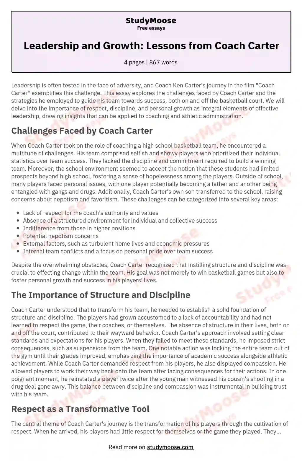 A Review of the Movie Coach Carter Free Essay Example