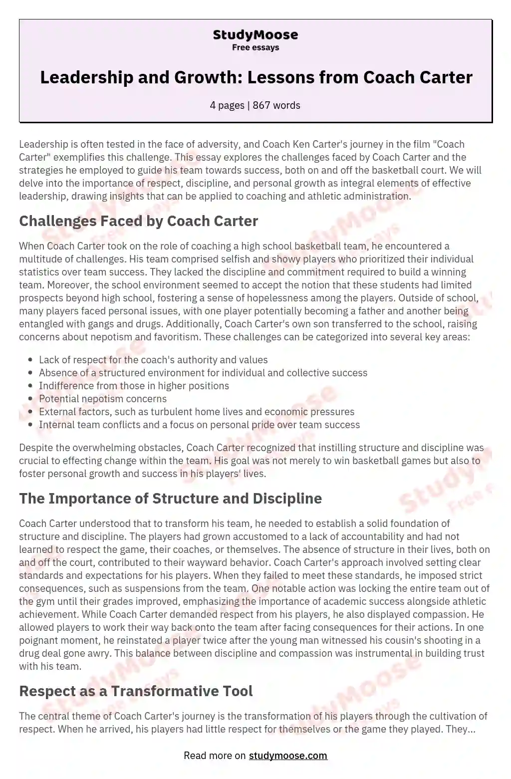 Leadership and Growth: Lessons from Coach Carter essay