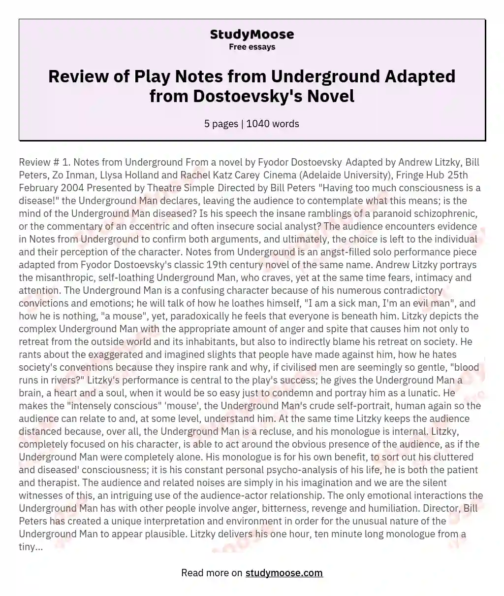 Review of Play Notes from Underground Adapted from Dostoevsky's Novel essay