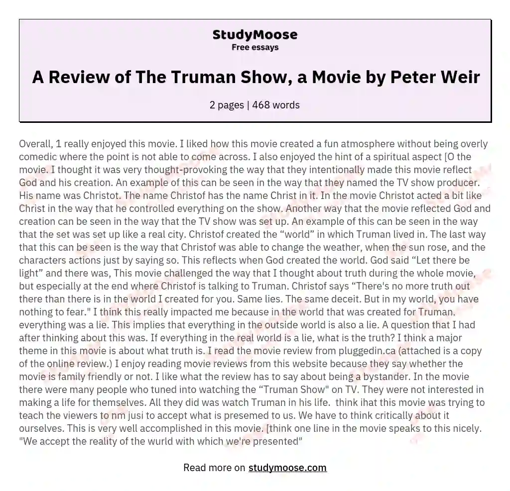 A Review of The Truman Show, a Movie by Peter Weir essay