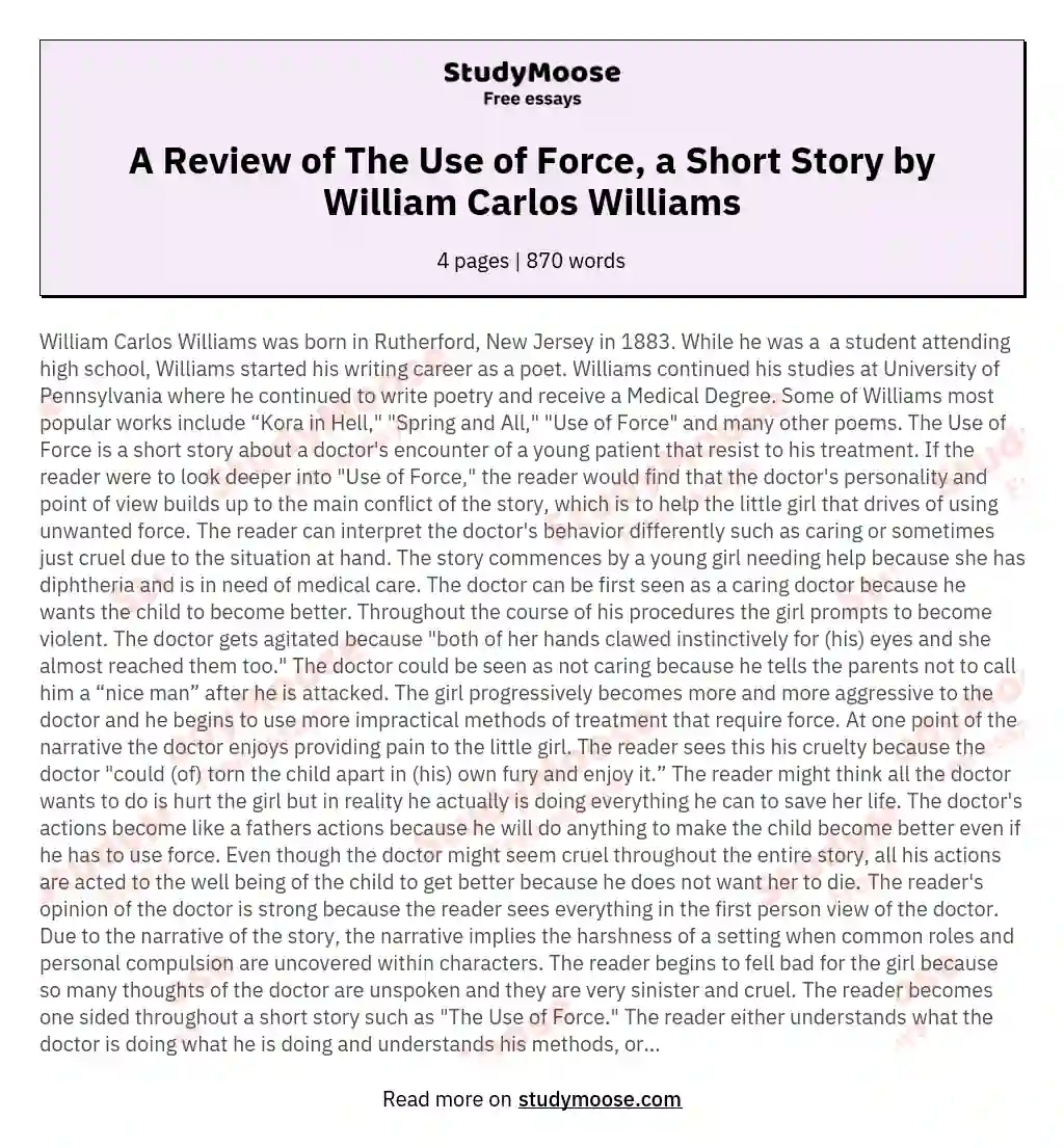A Review of The Use of Force, a Short Story by William Carlos Williams essay