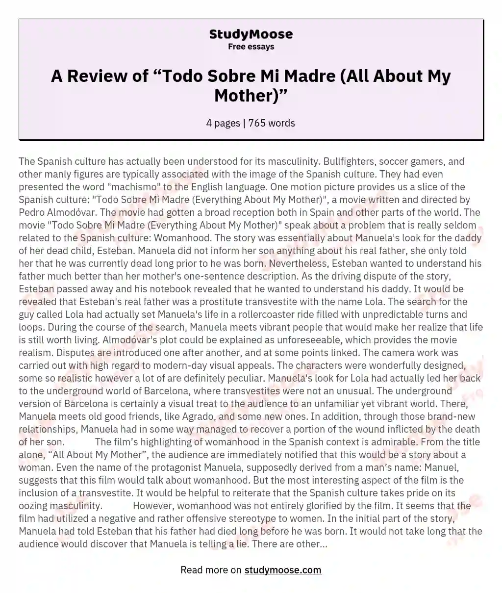 A Review of “Todo Sobre Mi Madre (All About My Mother)” essay