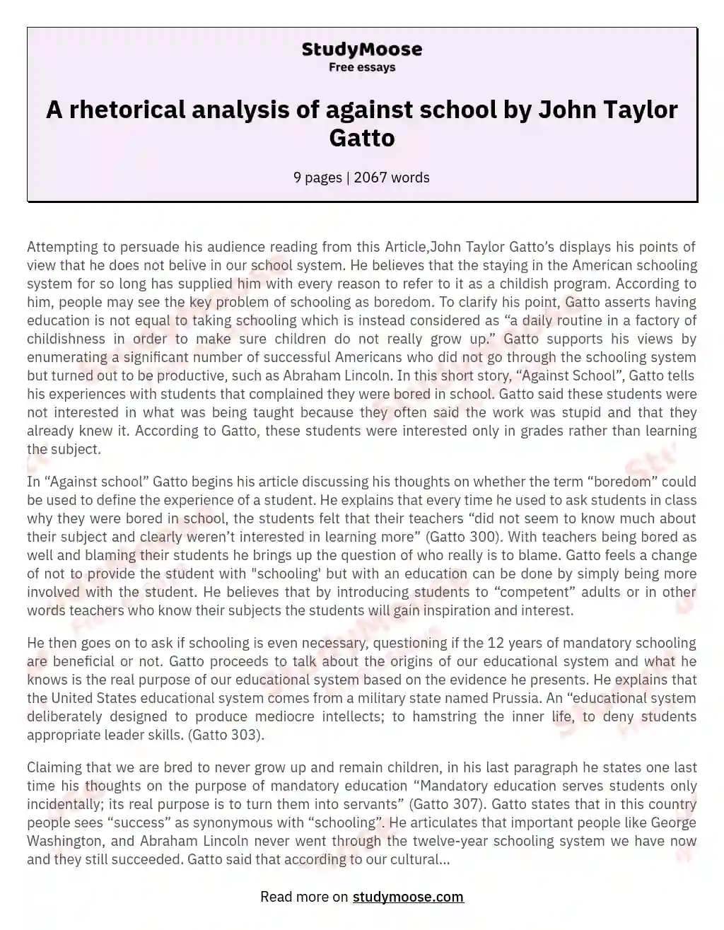 A rhetorical analysis of against school by John Taylor Gatto essay