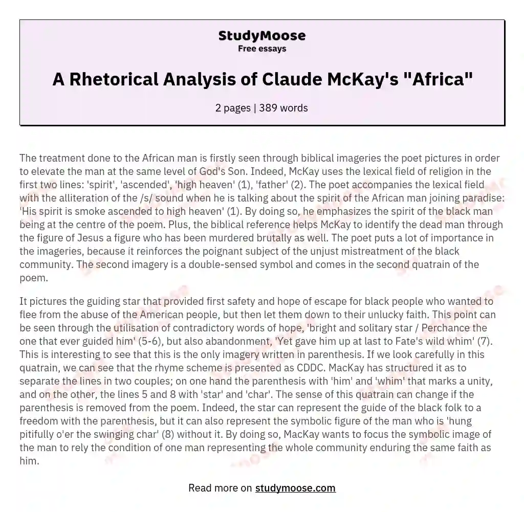 A Rhetorical Analysis of Claude McKay's "Africa"