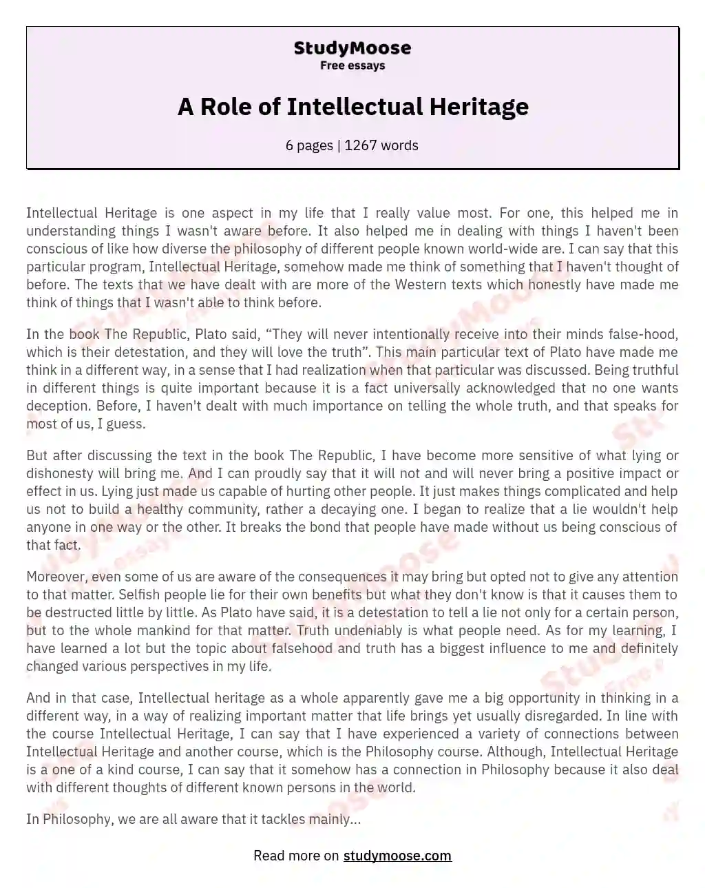 A Role of Intellectual Heritage essay