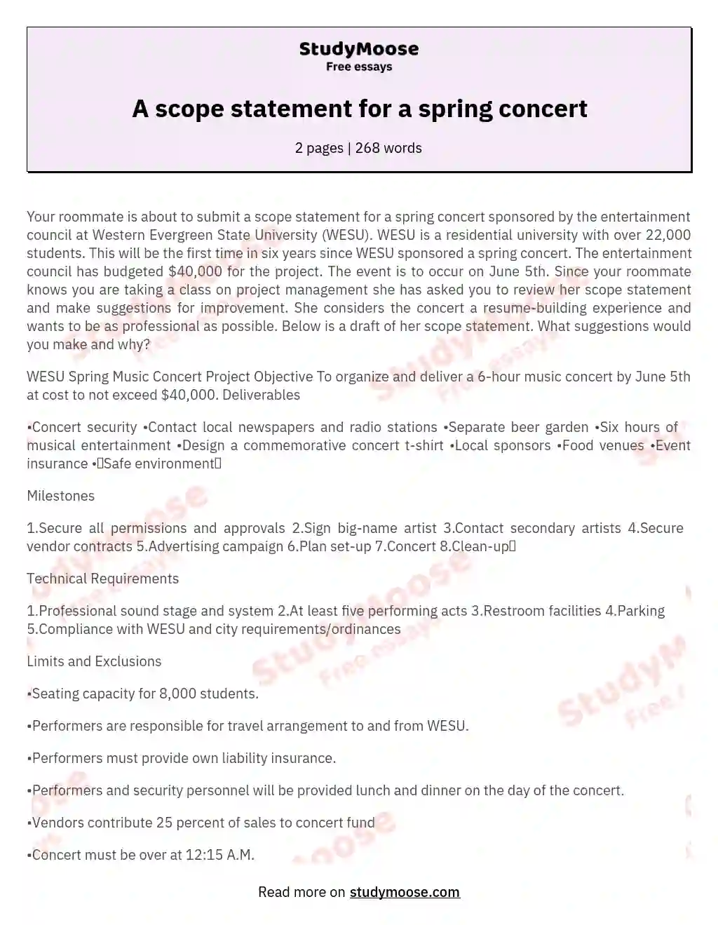 A scope statement for a spring concert