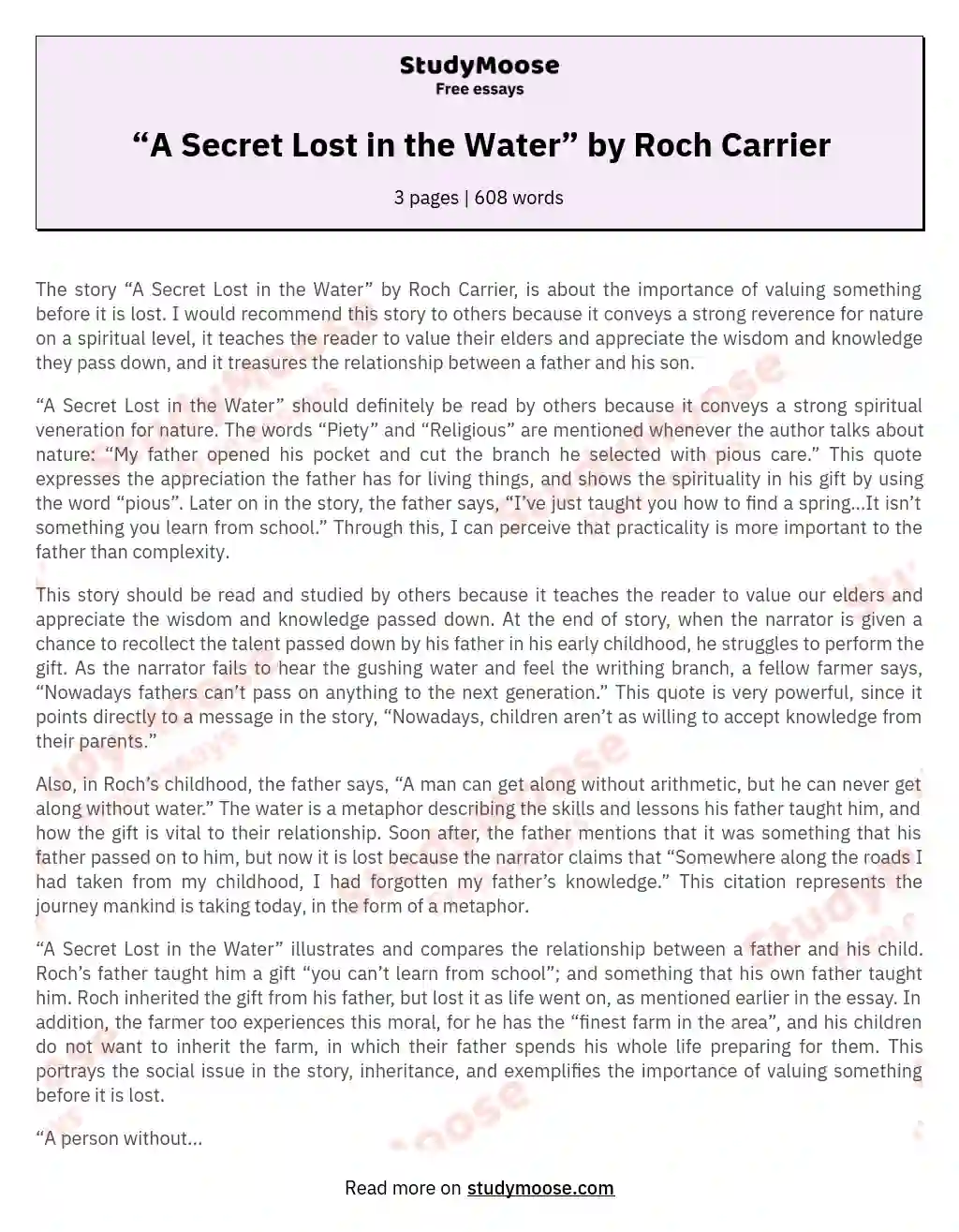 “A Secret Lost in the Water” by Roch Carrier essay