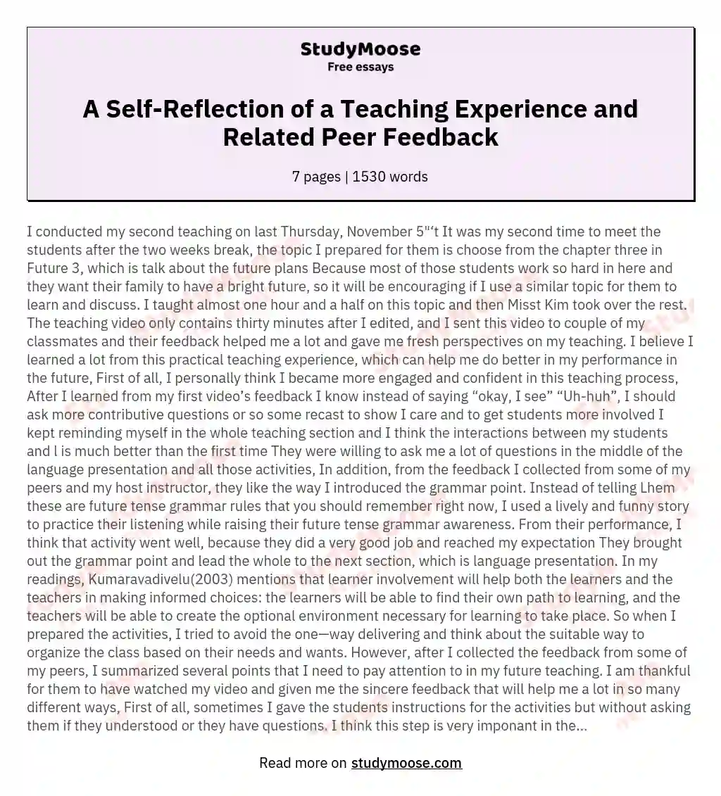 A Self-Reflection of a Teaching Experience and Related Peer Feedback essay