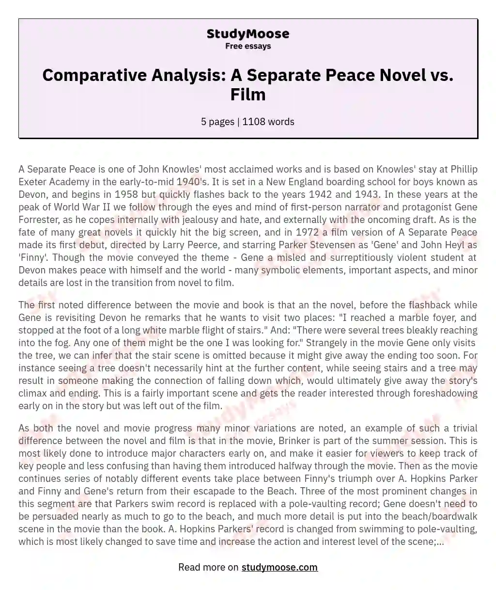 Comparative Analysis: A Separate Peace Novel vs. Film essay