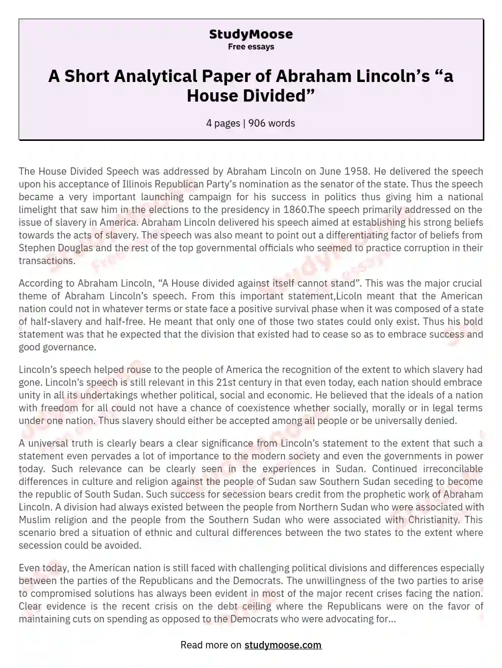 A Short Analytical Paper of Abraham Lincoln’s “a House Divided” essay