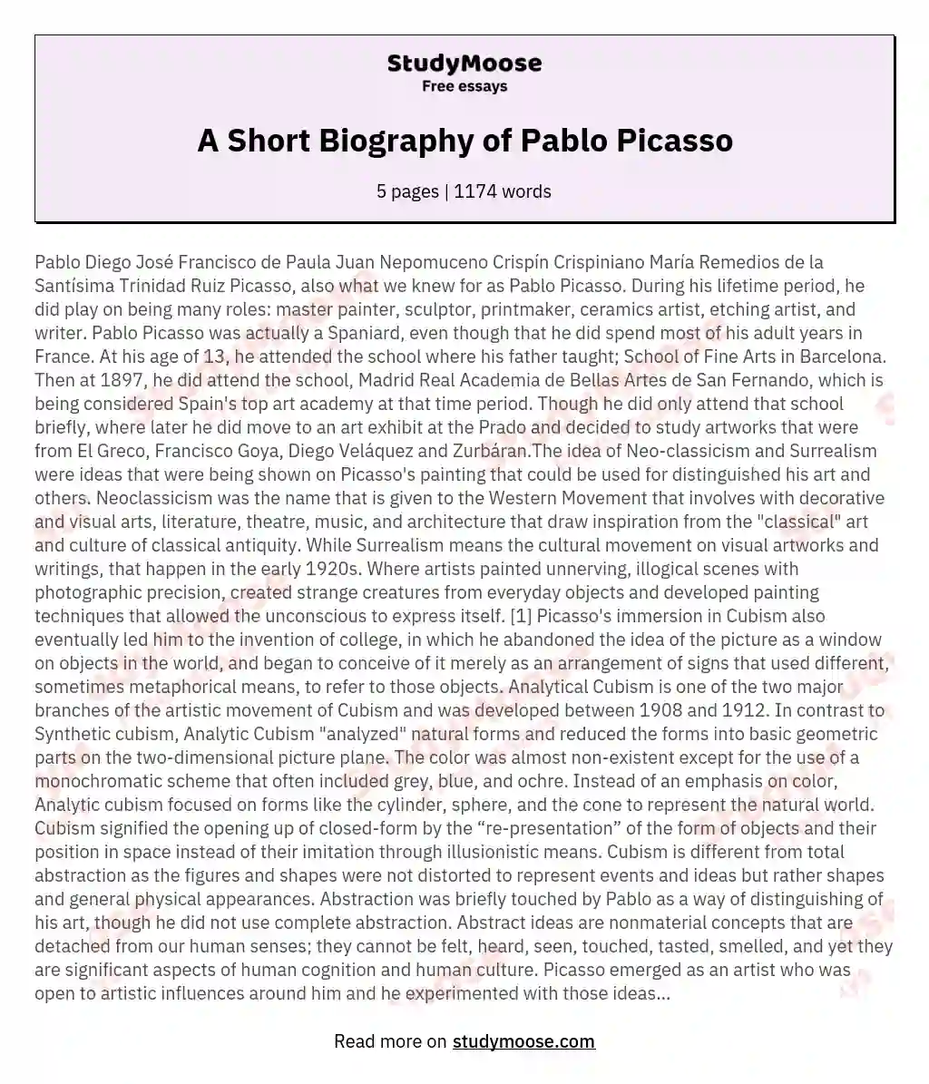 A Short Biography of Pablo Picasso essay