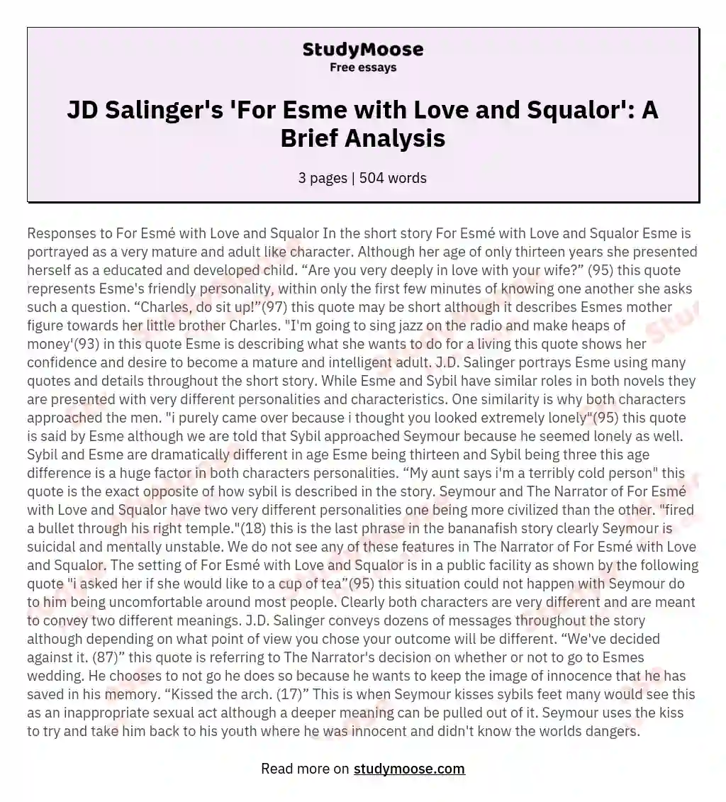 JD Salinger's 'For Esme with Love and Squalor': A Brief Analysis essay
