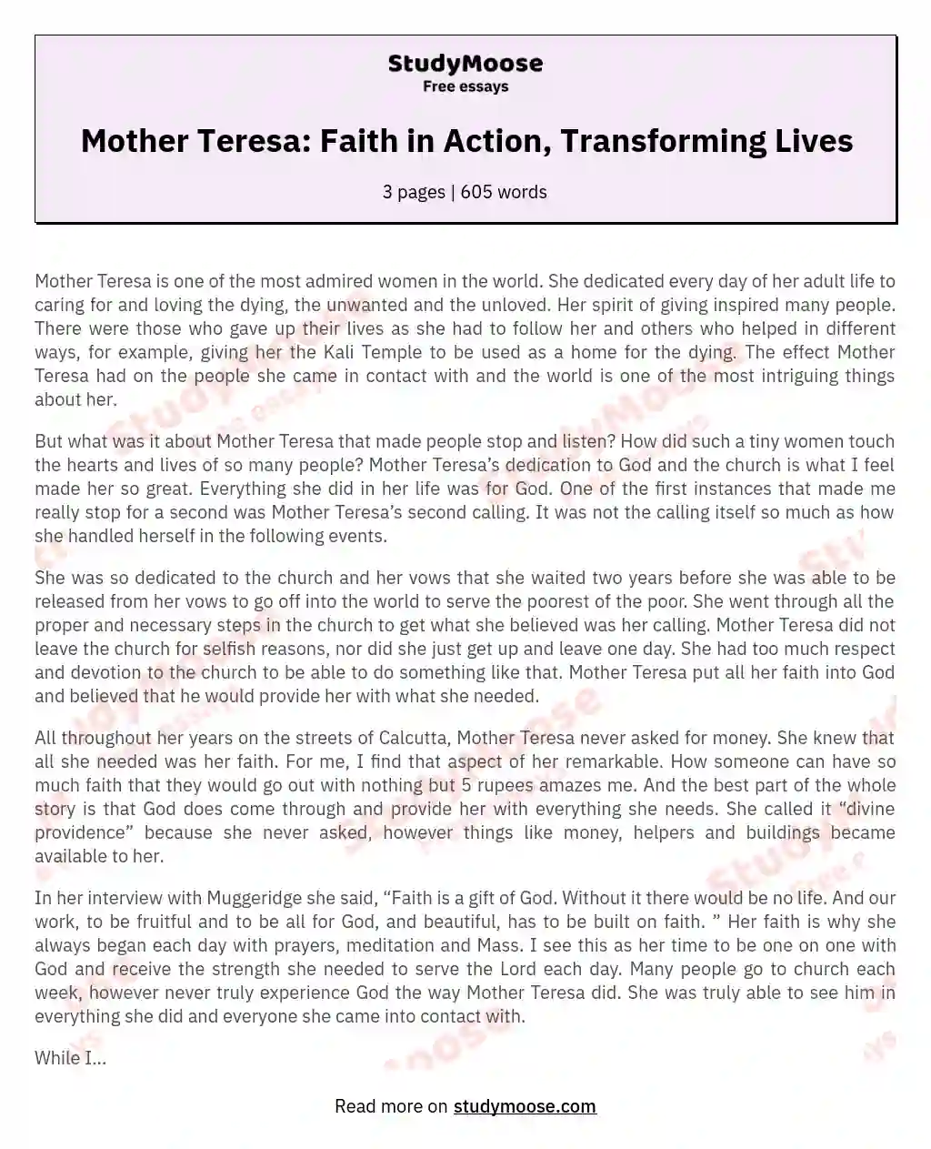 Mother Teresa: Faith in Action, Transforming Lives essay