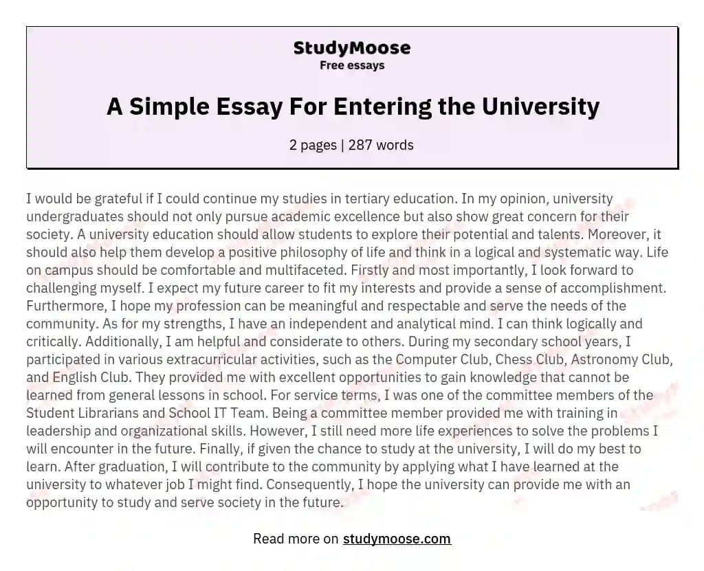 A Simple Essay For Entering the University essay