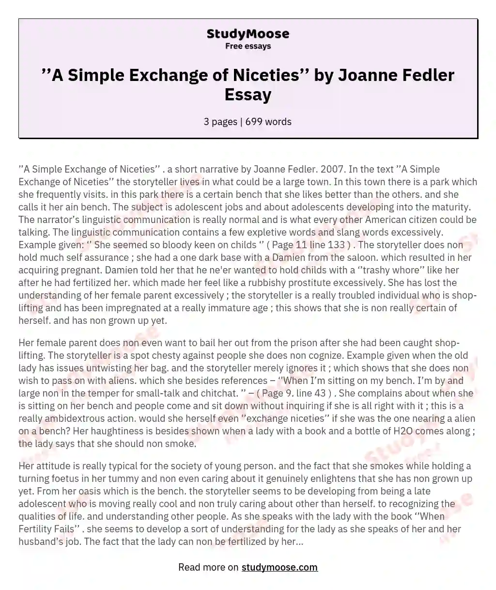 ’’A Simple Exchange of Niceties’’ by Joanne Fedler Essay