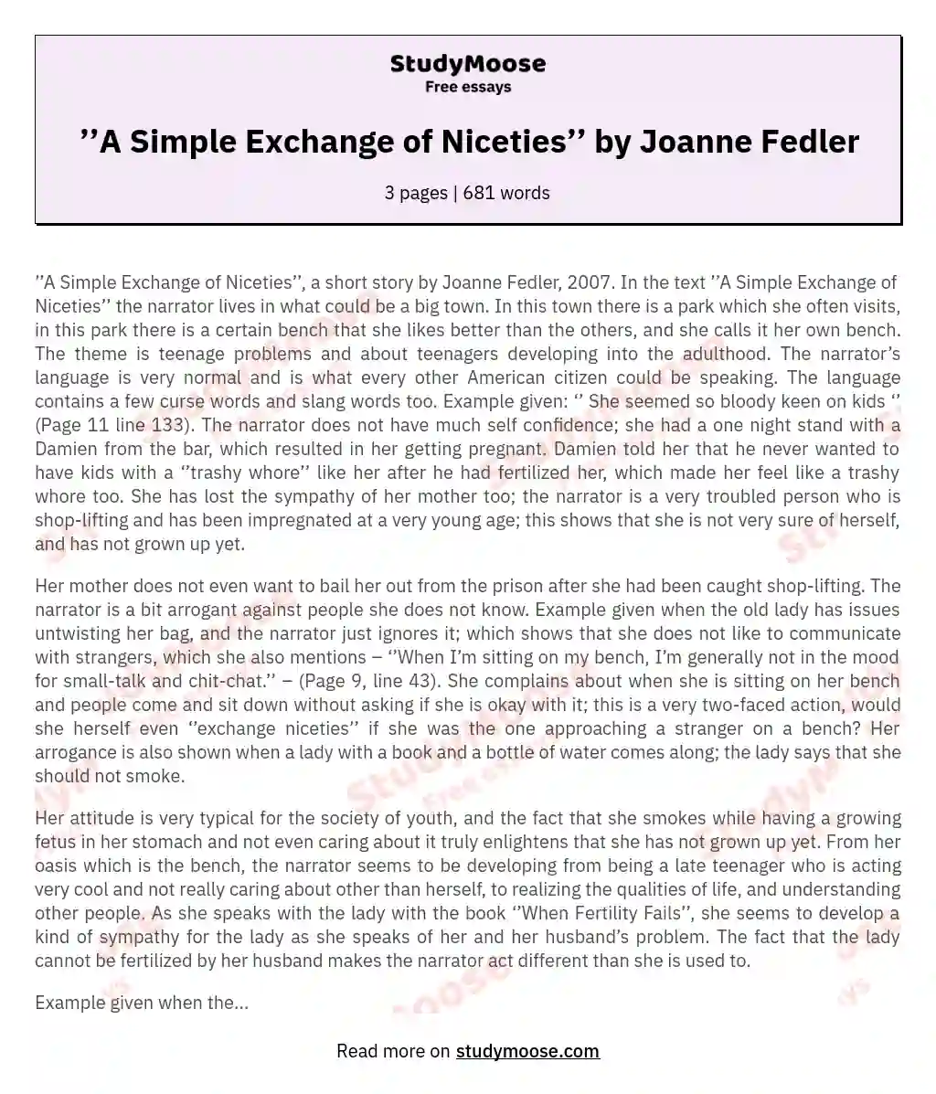 ’’A Simple Exchange of Niceties’’ by Joanne Fedler essay