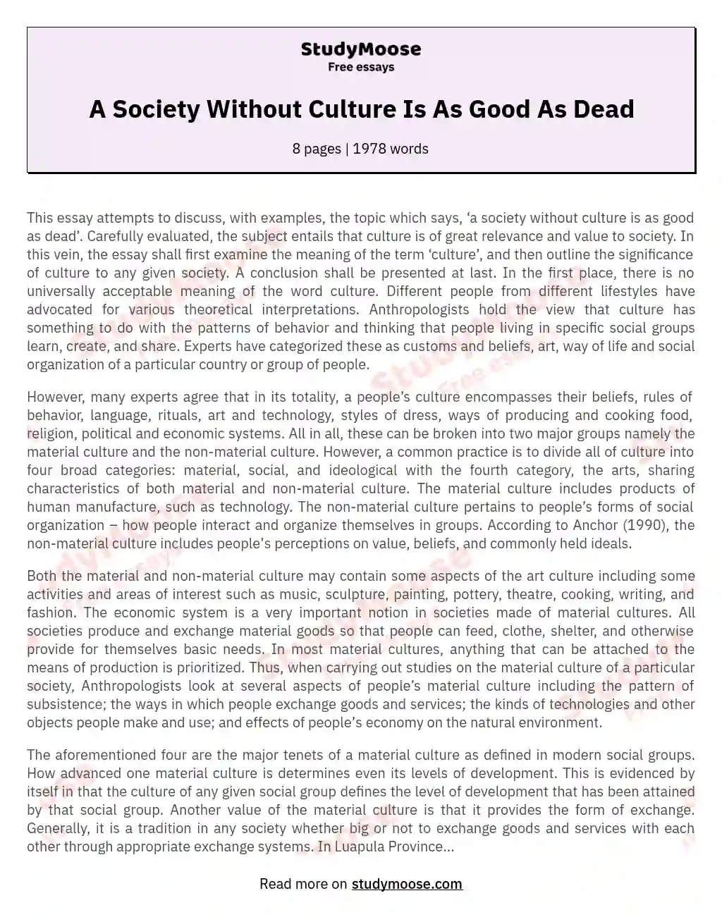 A Society Without Culture Is As Good As Dead essay
