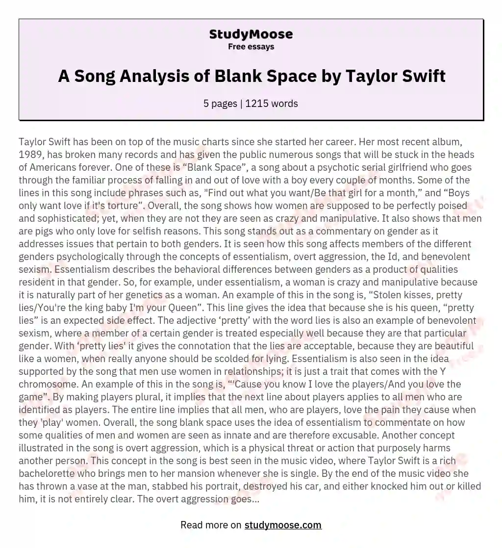A Song Analysis of Blank Space by Taylor Swift essay