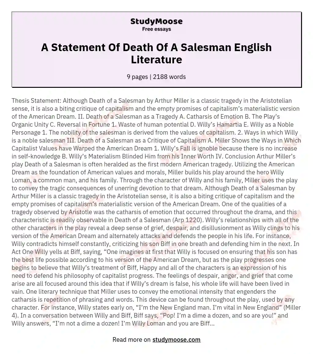 A Statement Of Death Of A Salesman English Literature essay