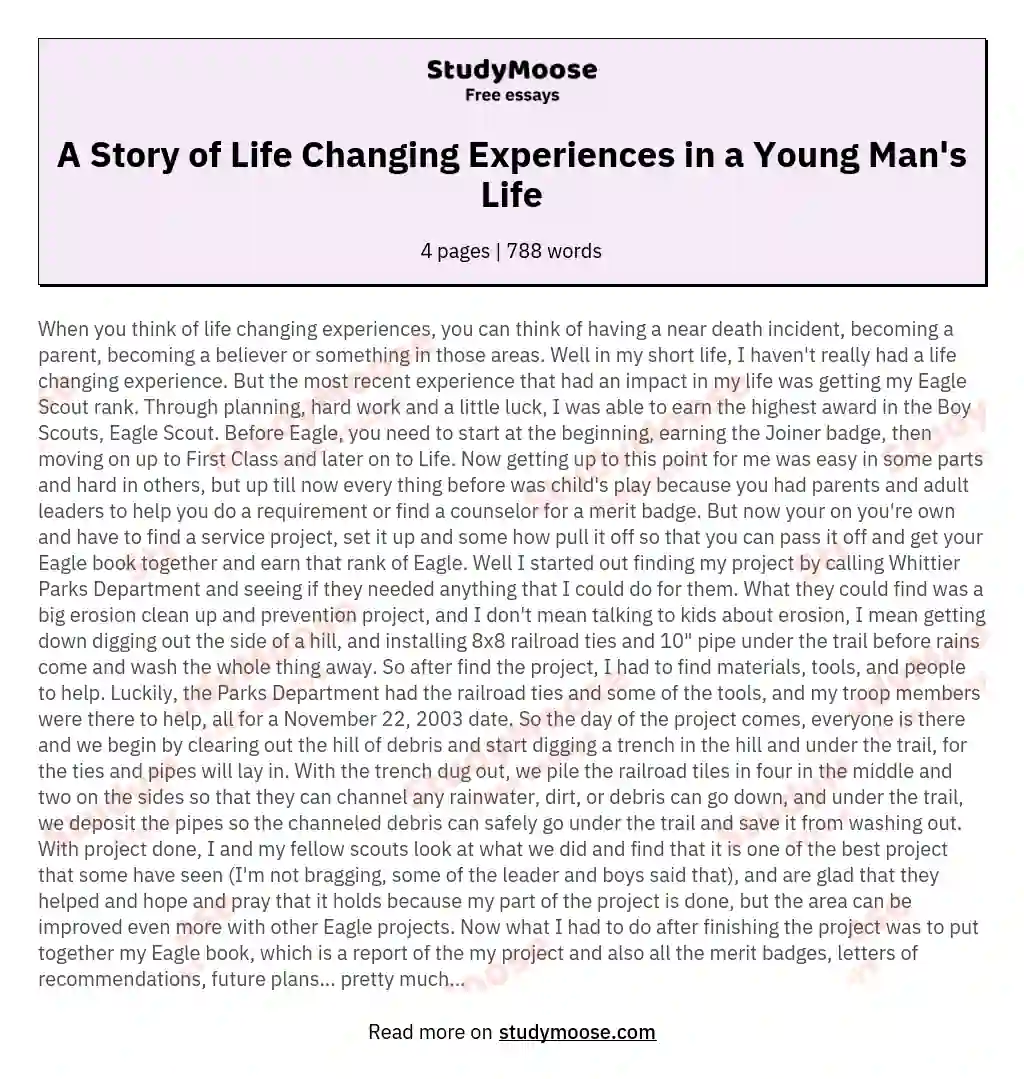 A Story of Life Changing Experiences in a Young Man's Life essay