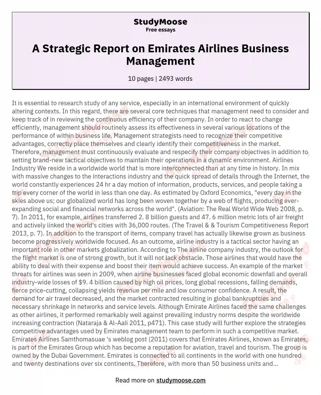 A Strategic Report on Emirates Airlines Business Management essay