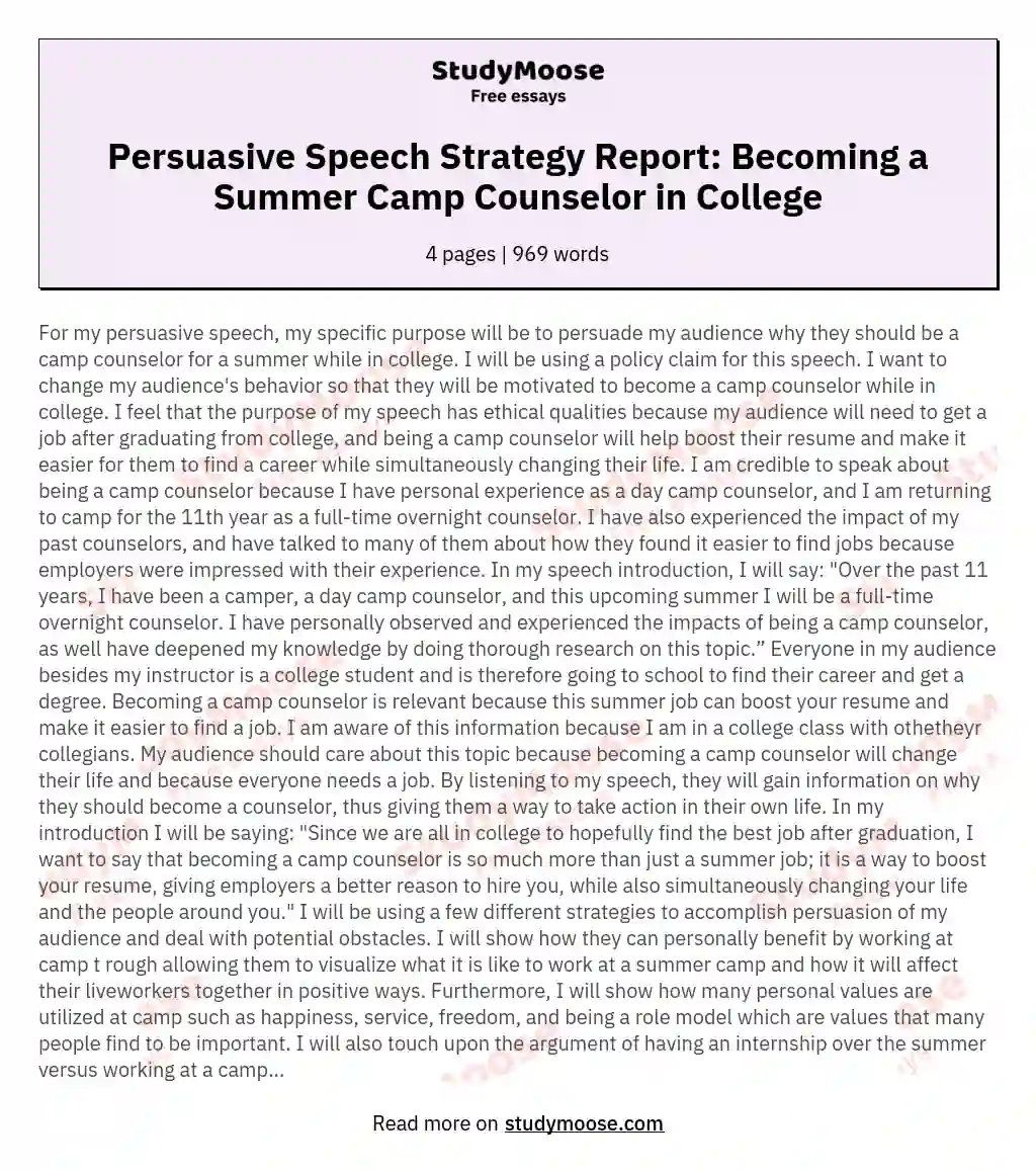 Persuasive Speech Strategy Report: Becoming a Summer Camp Counselor in College essay