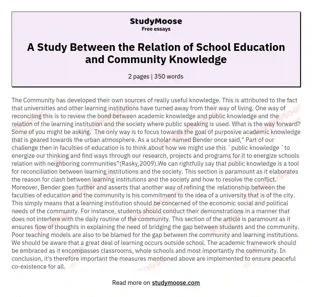 A Study Between the Relation of School Education and Community Knowledge essay