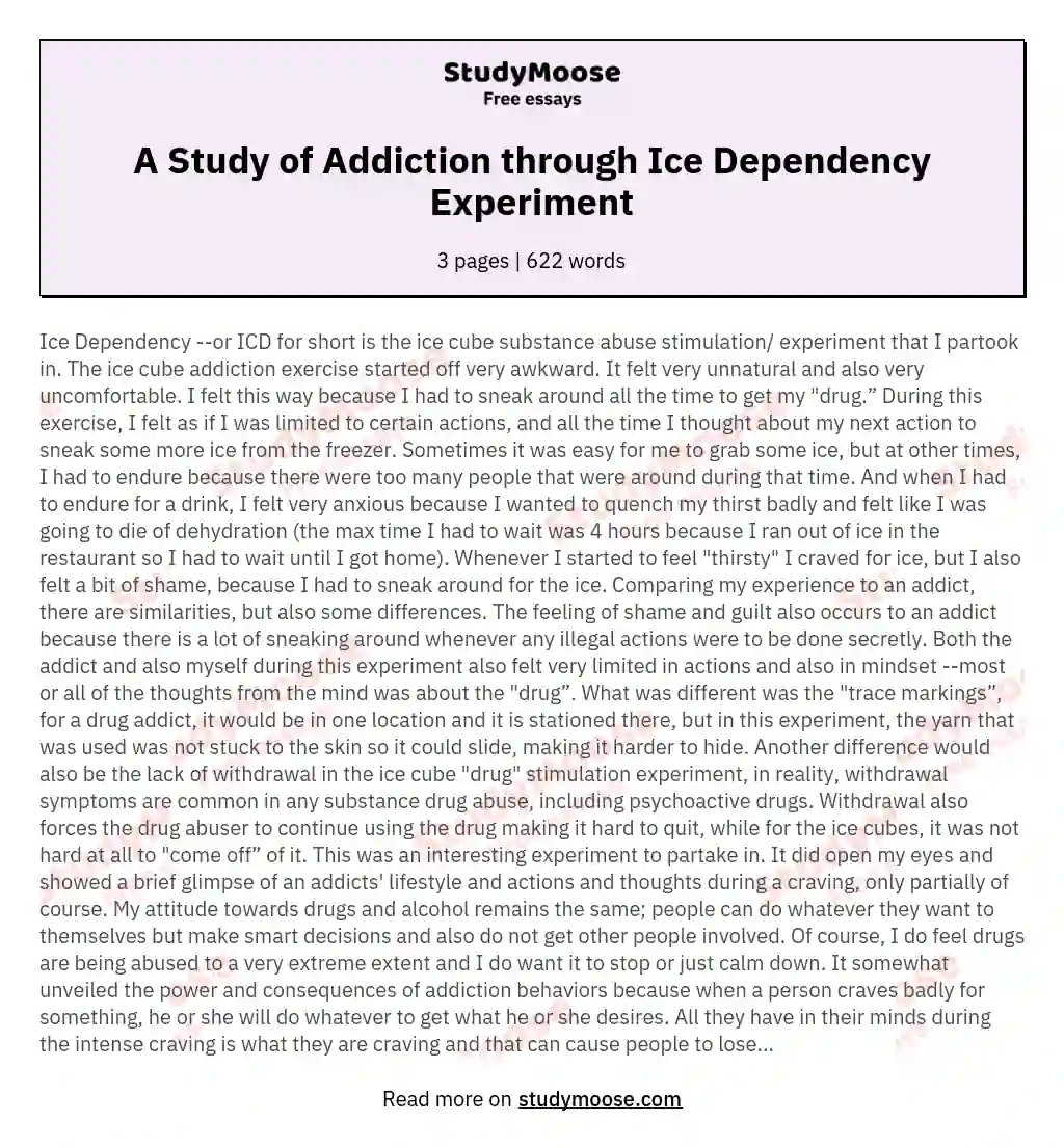 A Study of Addiction through Ice Dependency Experiment essay