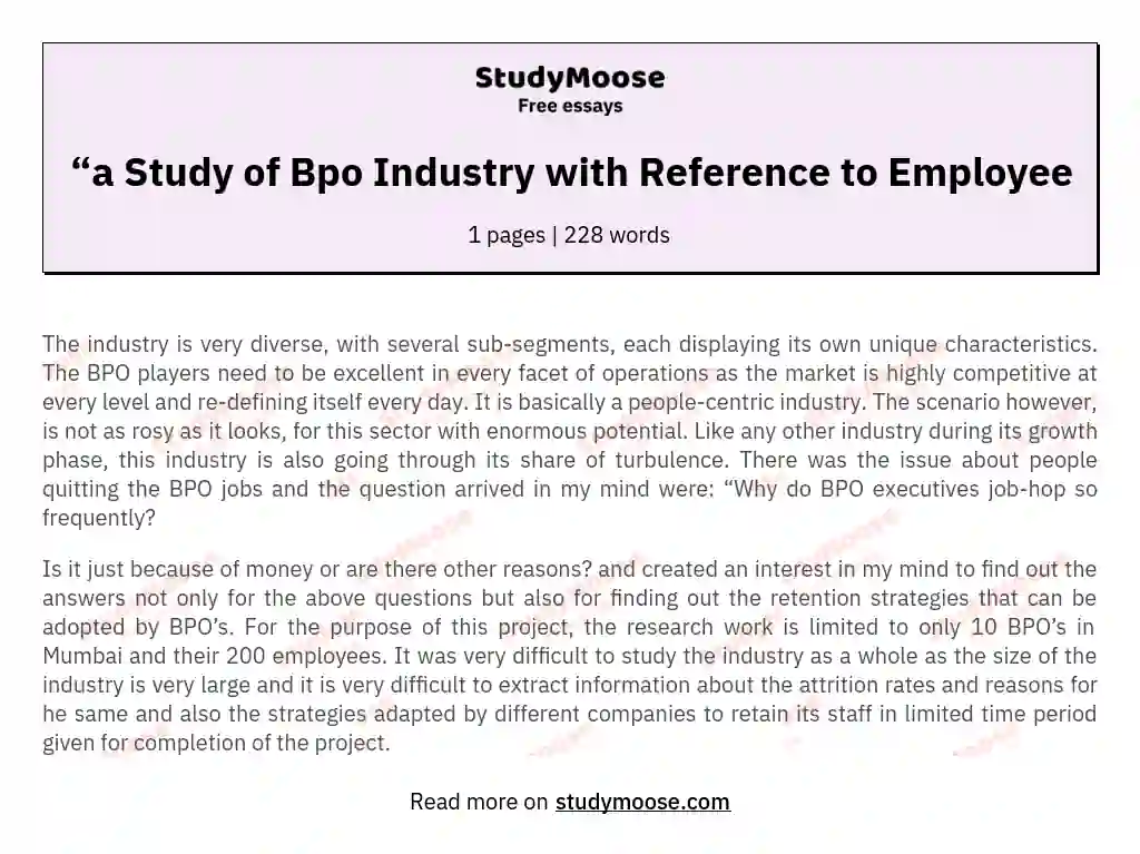 “a Study of Bpo Industry with Reference to Employee essay
