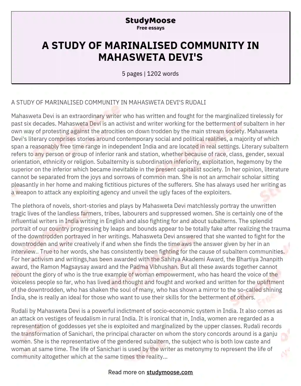 A STUDY OF MARINALISED COMMUNITY IN MAHASWETA DEVI'S essay