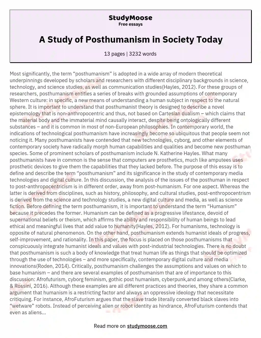 A Study of Posthumanism in Society Today essay