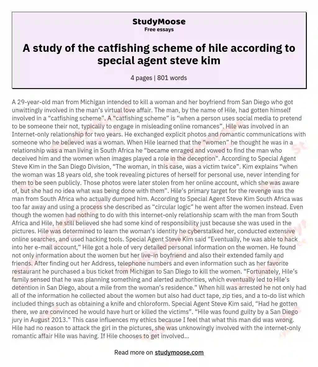 A study of the catfishing scheme of hile according to special agent steve kim