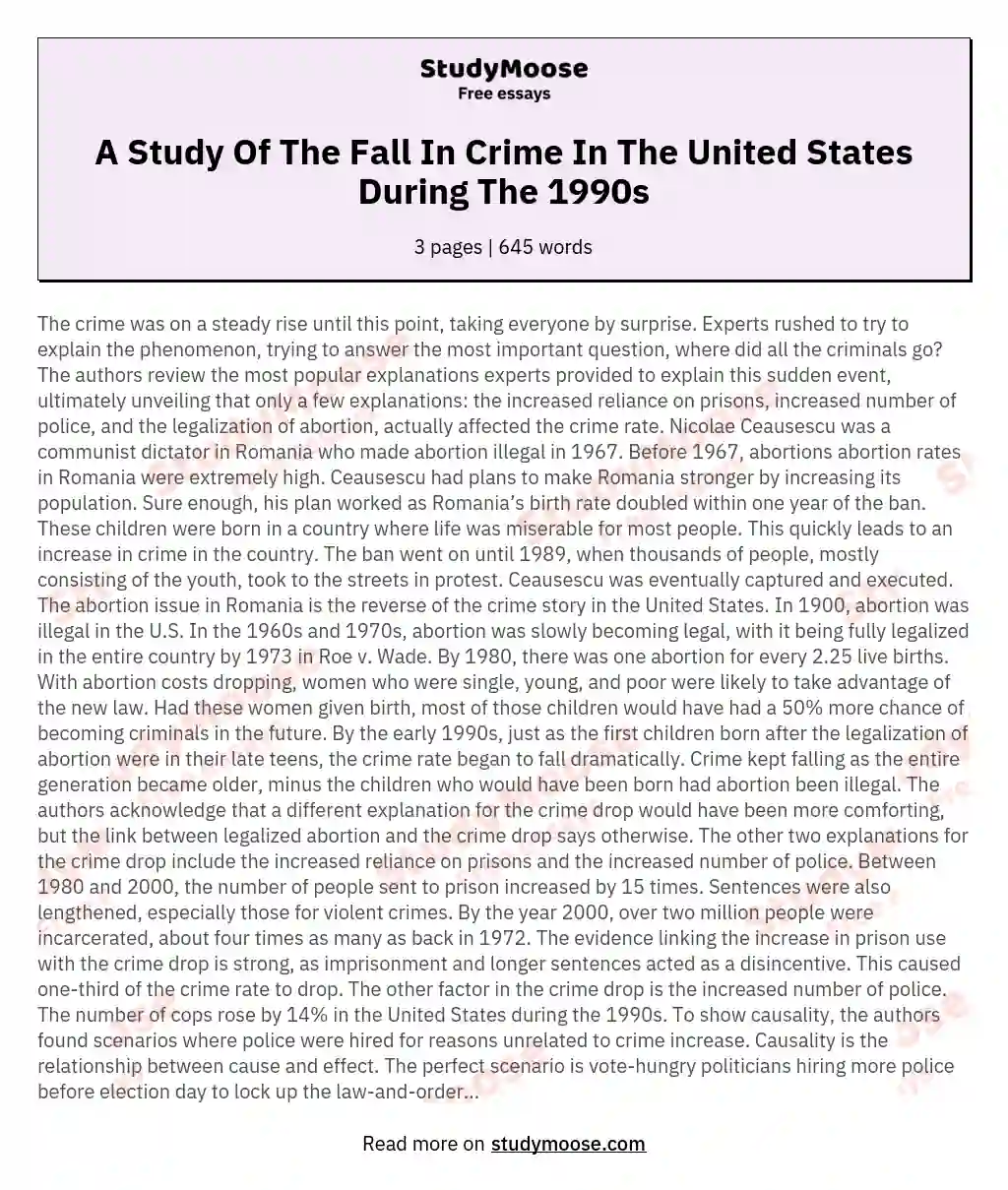 A Study Of The Fall In Crime In The United States During The 1990s essay
